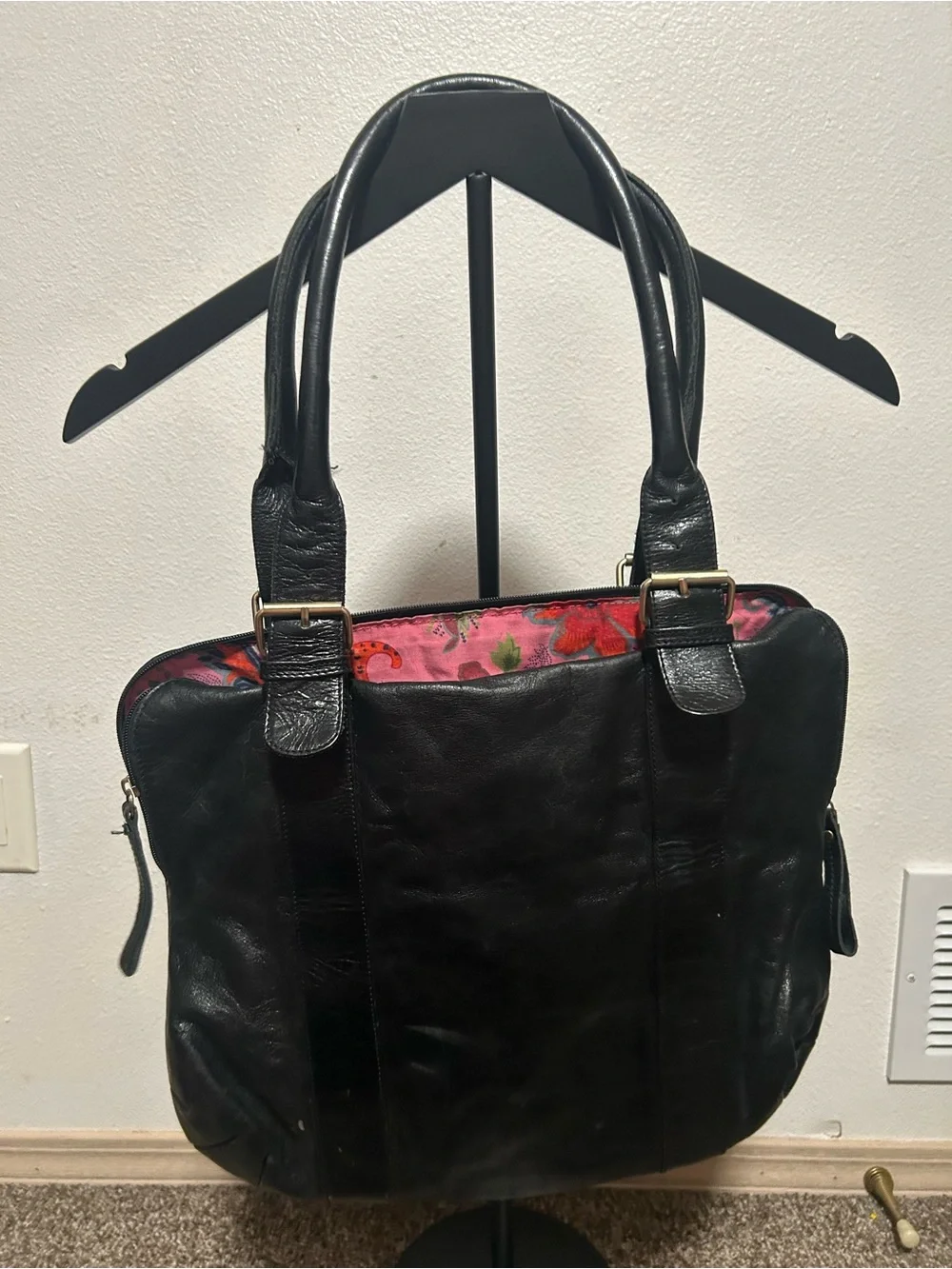 latico Black Leather Laptop Tote with Brass Accents